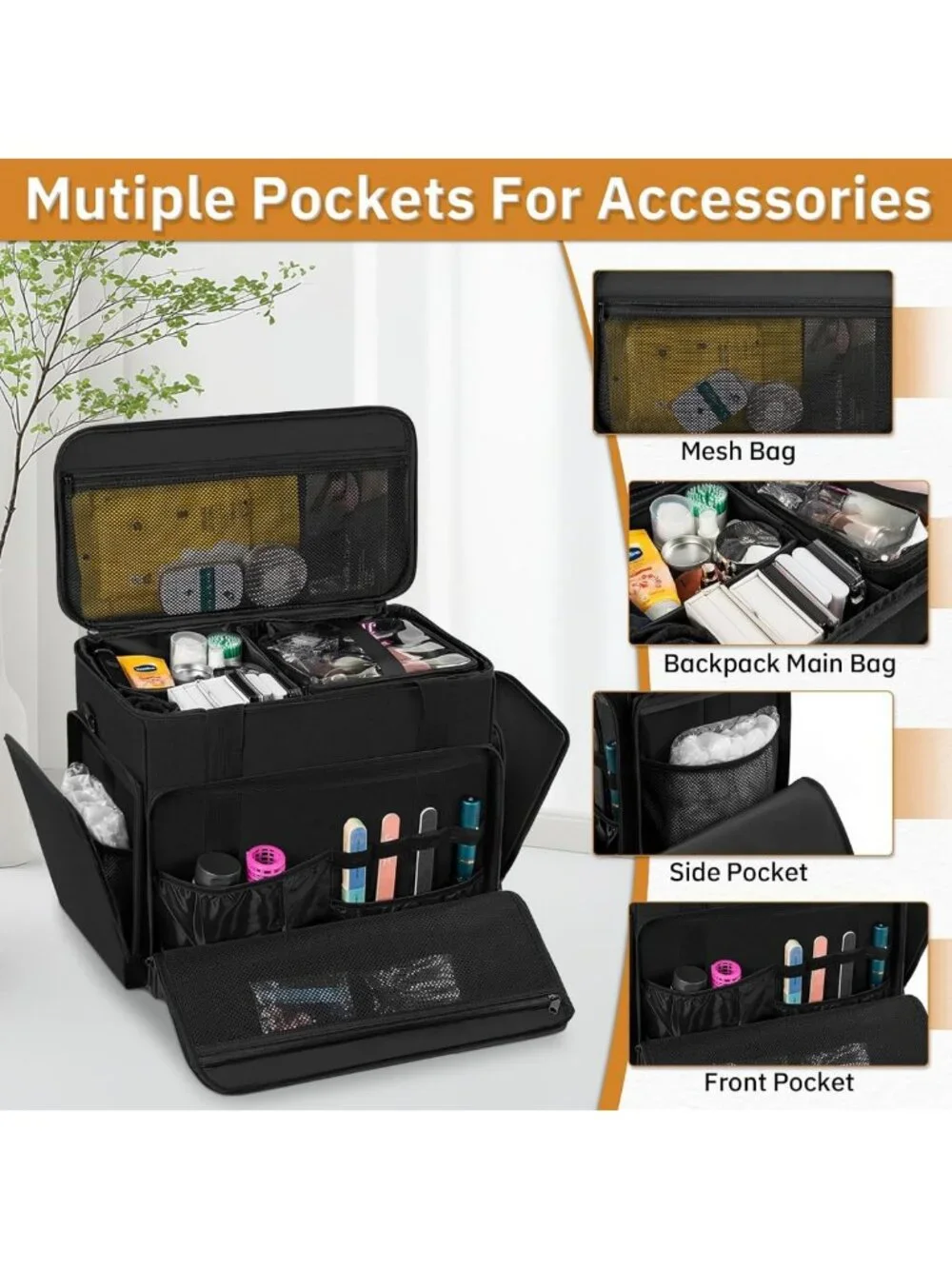 Extra Large Makeup Organizer with 4 Removable Pouches & Brush Holder - Travel